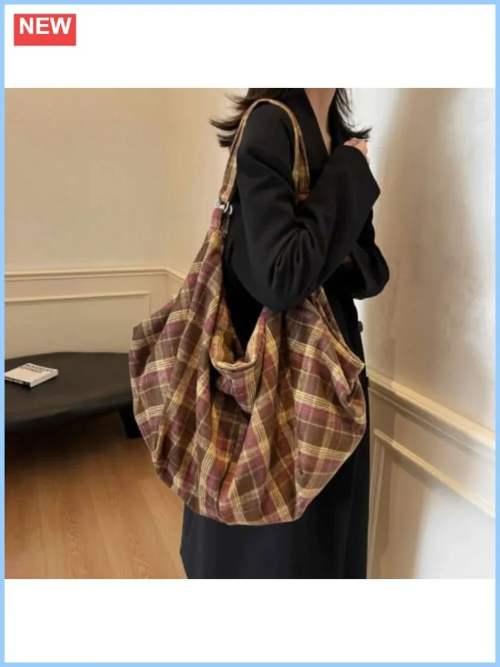 Woolen Plaid Tote Bag Purse Women's Slouchy Hobo Shoulder Bag